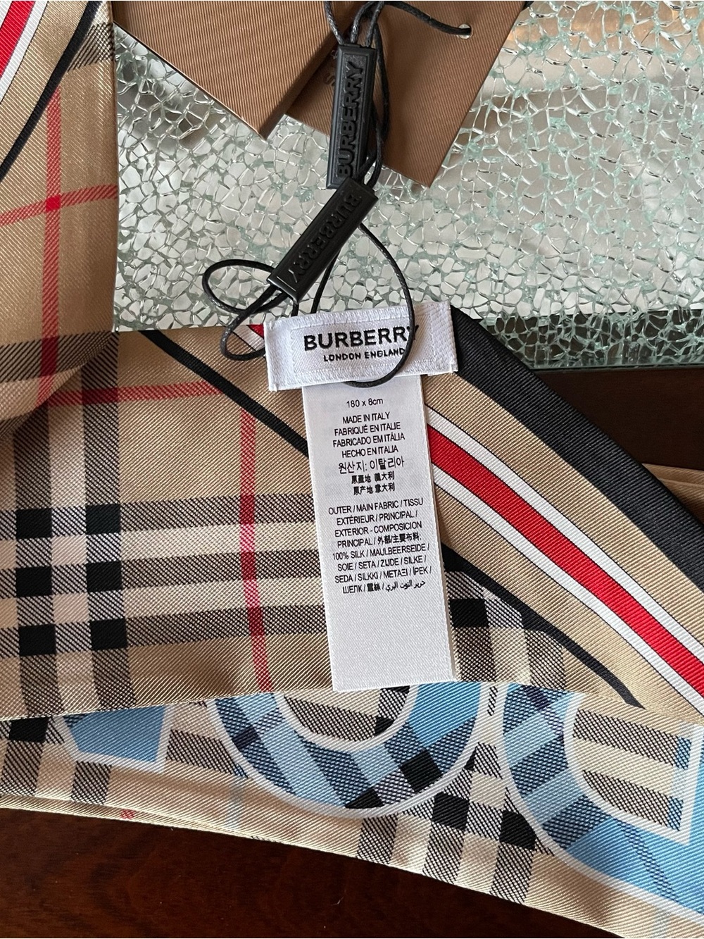 Burberry Beige Plaid Silk Twilly with Light Blue & Red Accents - Picture 4 of 7